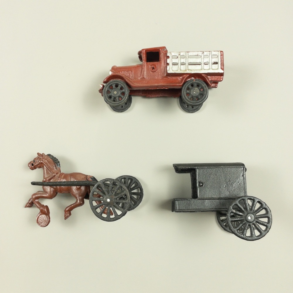 Vintage Cast Iron Toy Lot Red Stake Truck and Horse Drawn Buggy Diecast 3 Piece